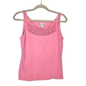 Vintage 90s Ribbed Knit Pink Crochet Tank Top Cami LOFT Small 1990s Barbiecore